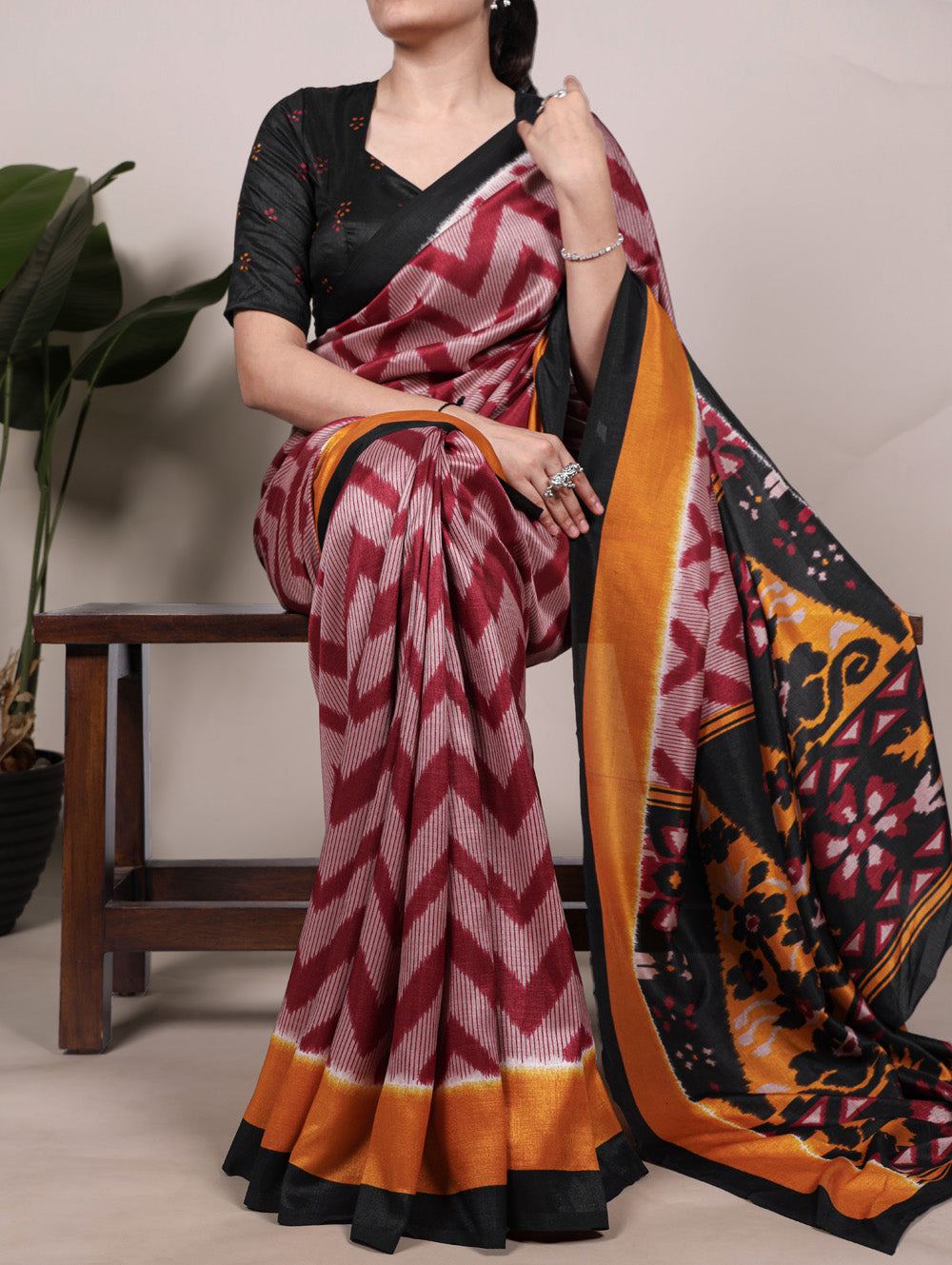 Maroon printed tassar silk saree with matching blouse