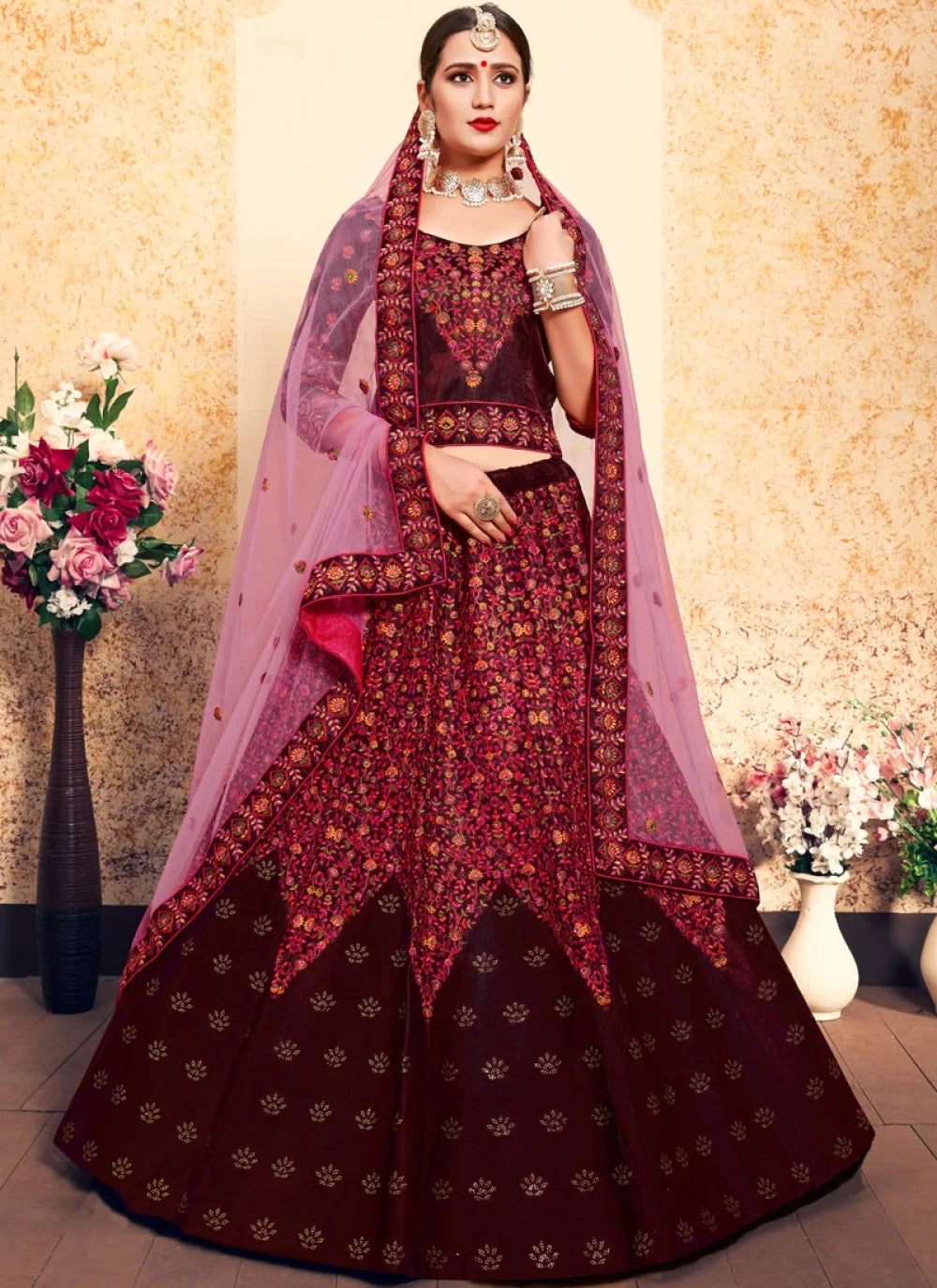 Maroon color thread work satin lehenga choli