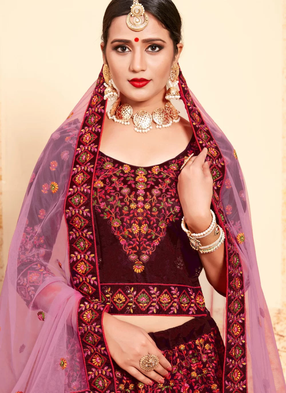 Maroon color thread work satin lehenga choli