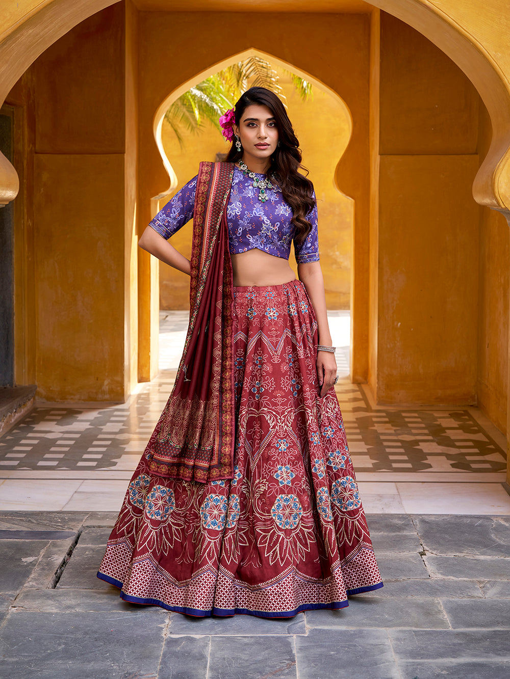 Maroon vaishali silk lehenga choli with beads work gotta patti dupatta