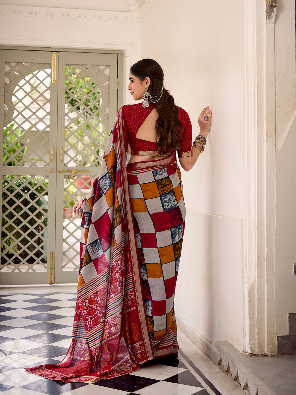Maroon viscose chanderi check print saree with temple lace border blouse piece