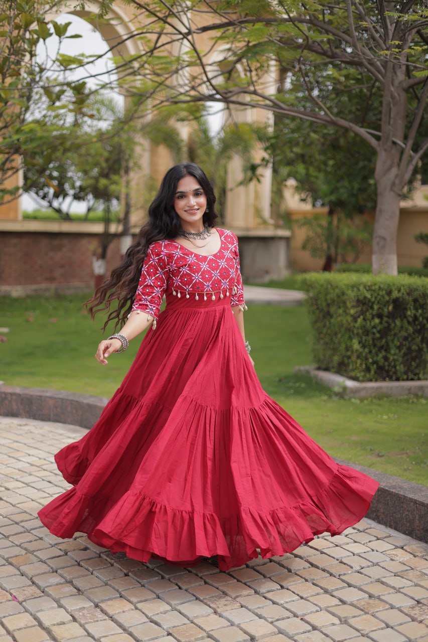 Maroon Cotton Gown with Mirror Work