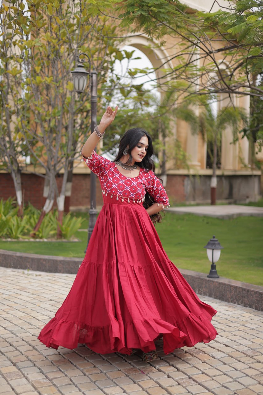 Maroon Cotton Gown with Mirror Work