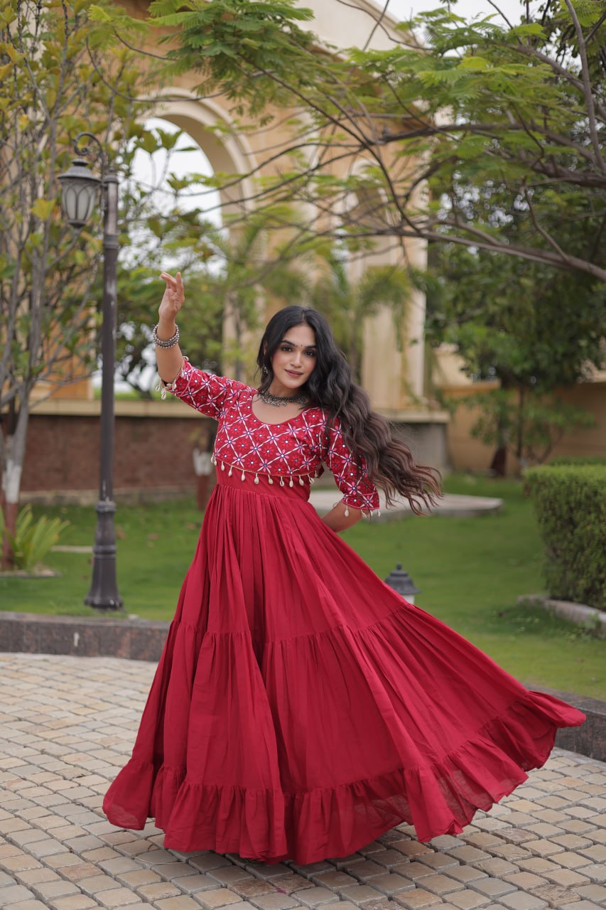 Maroon Cotton Gown with Mirror Work