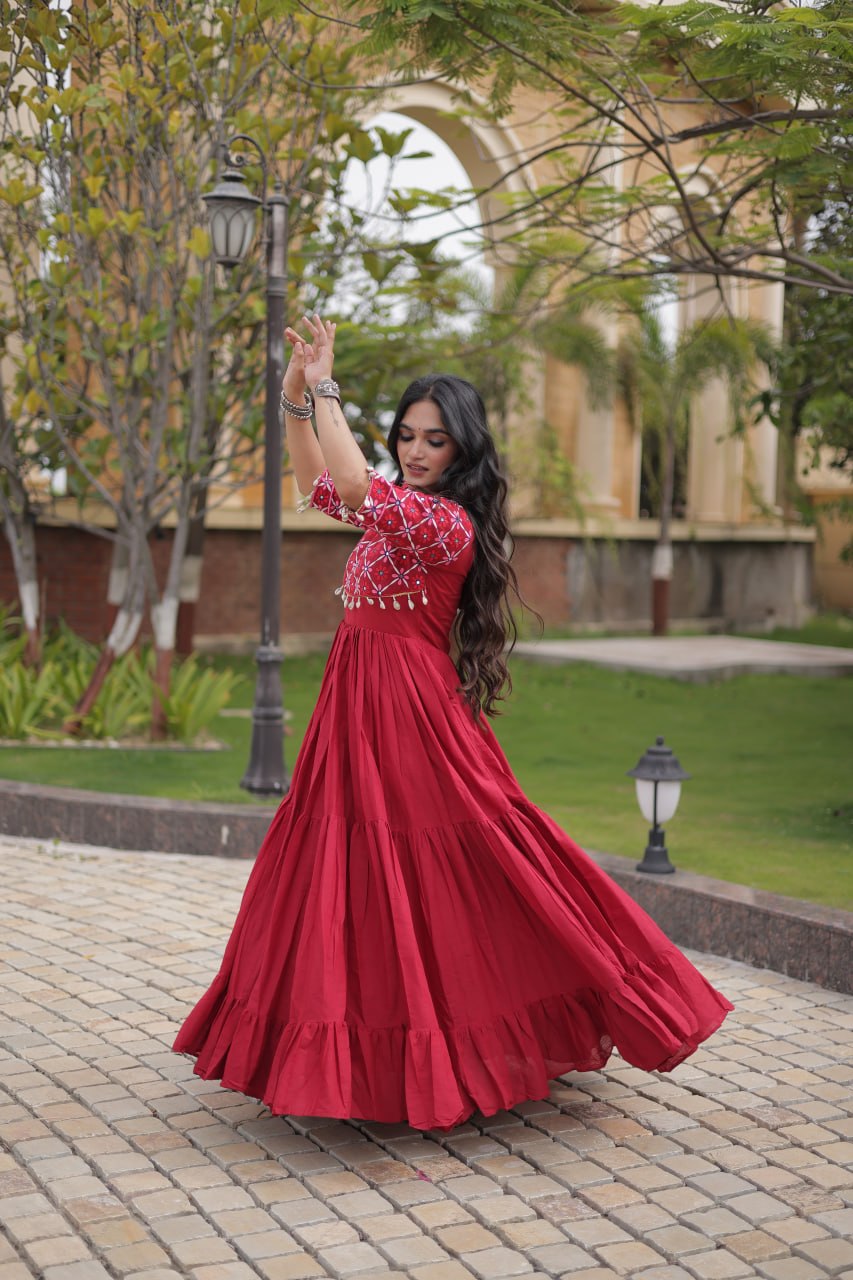Maroon Cotton Gown with Mirror Work