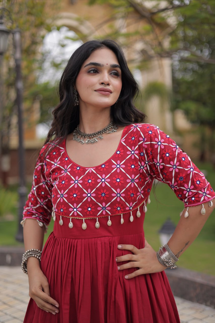 Maroon Cotton Gown with Mirror Work