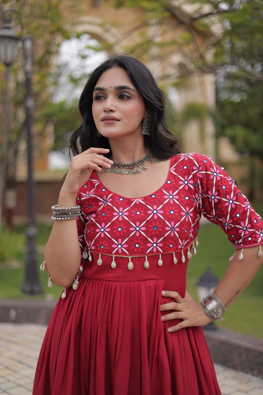Maroon Cotton Gown with Mirror Work