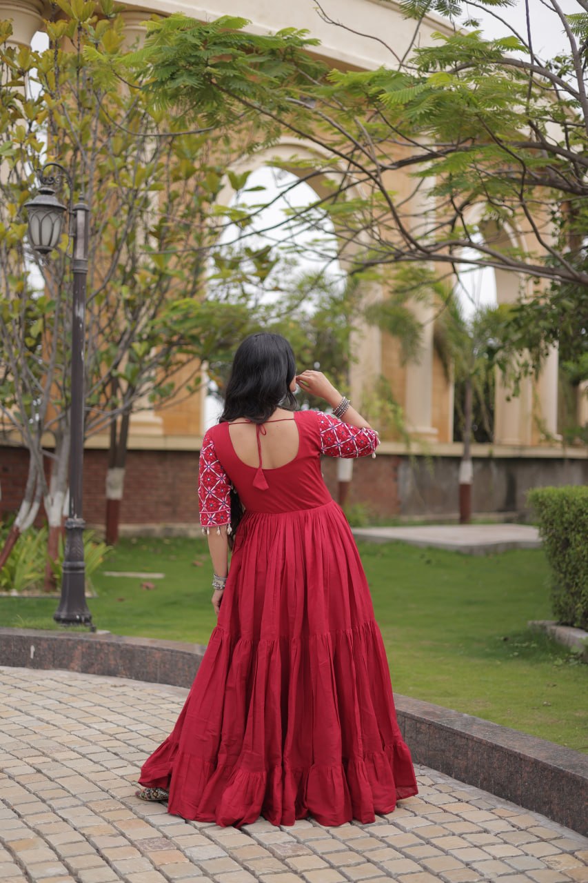 Maroon Cotton Gown with Mirror Work