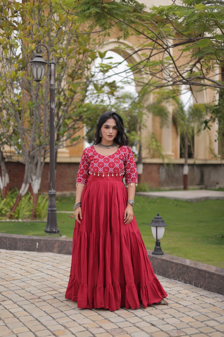 Maroon Cotton Gown with Mirror Work