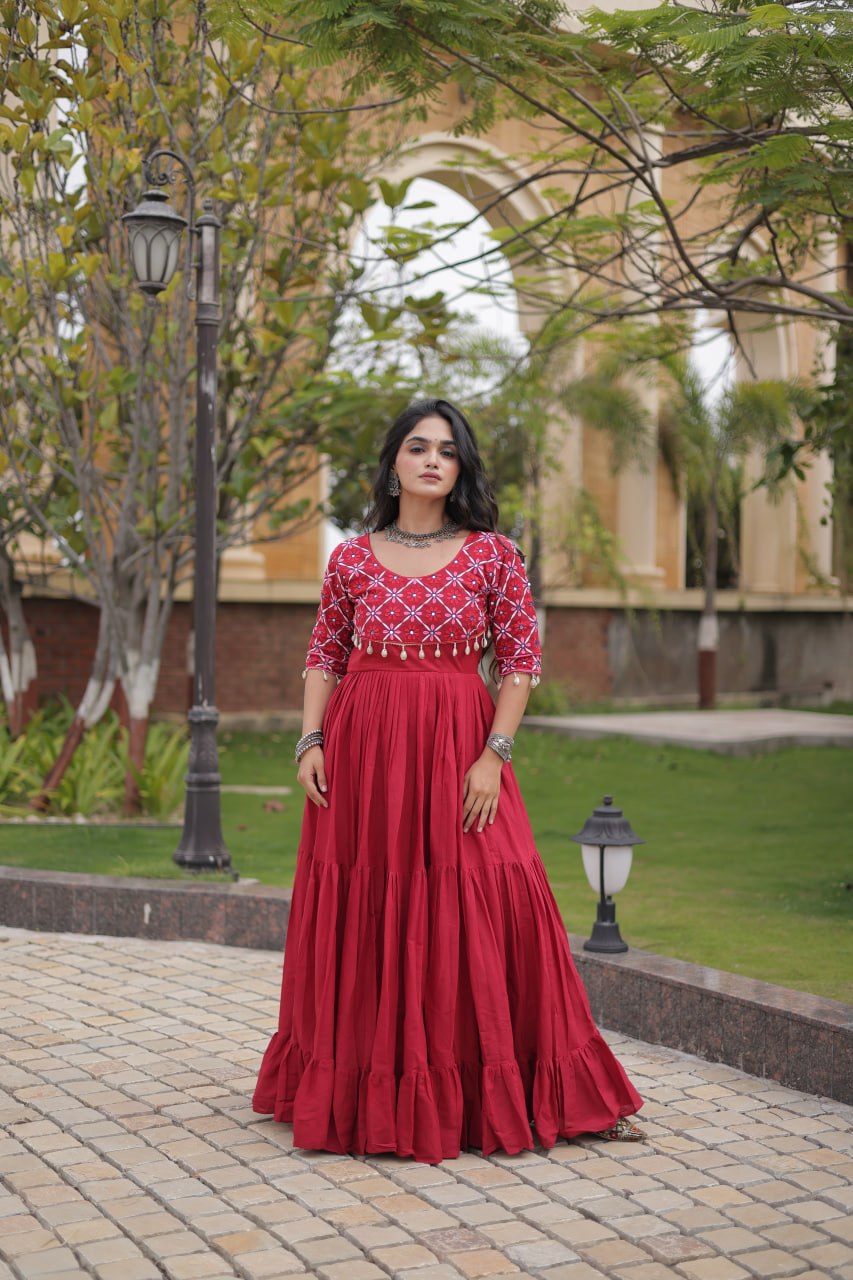 Maroon Cotton Gown with Mirror Work