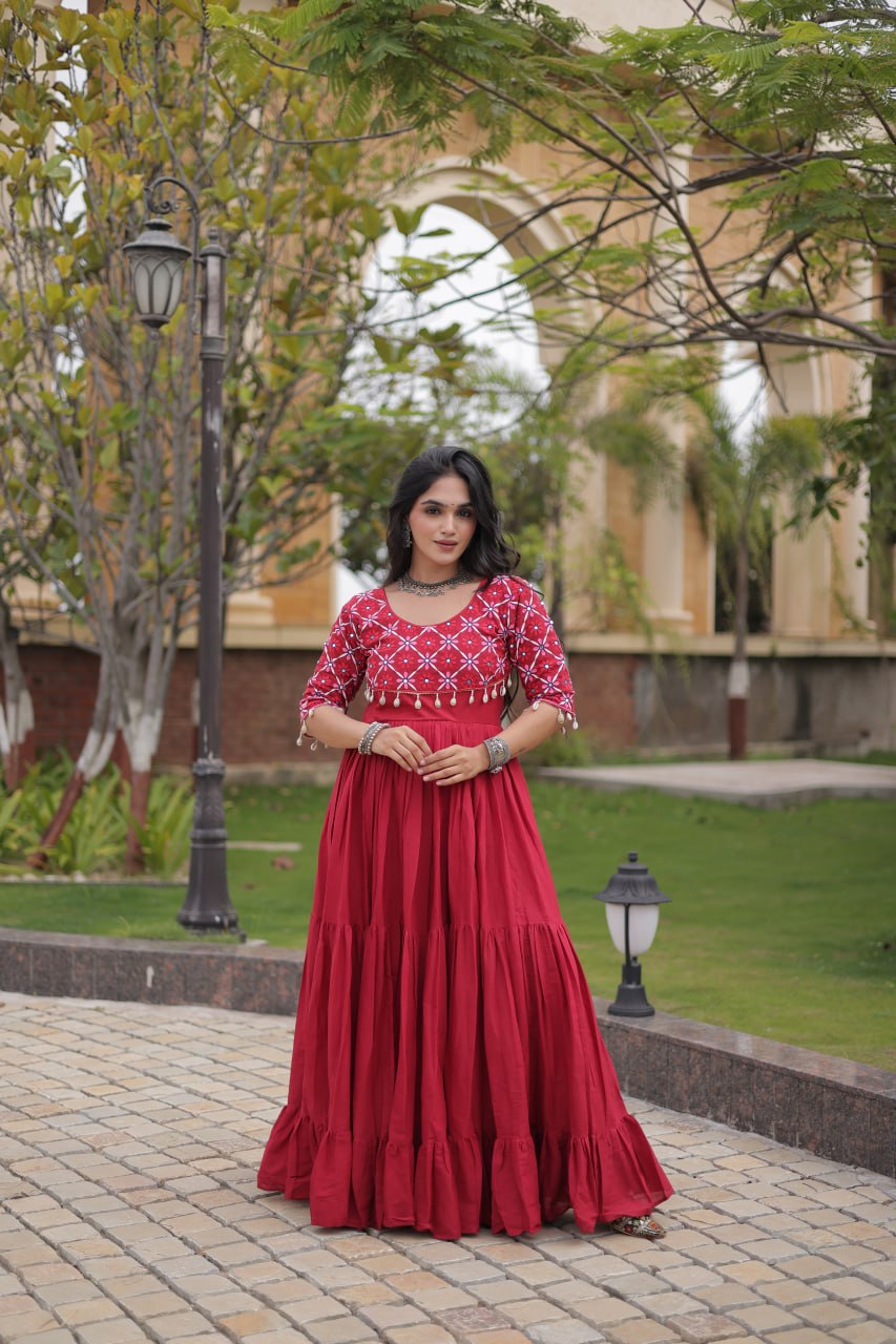 Maroon Cotton Gown with Mirror Work