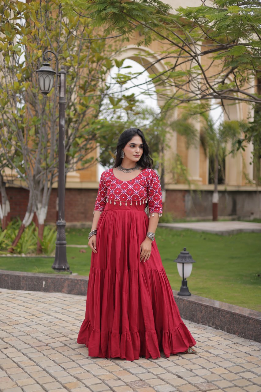 Maroon Cotton Gown with Mirror Work