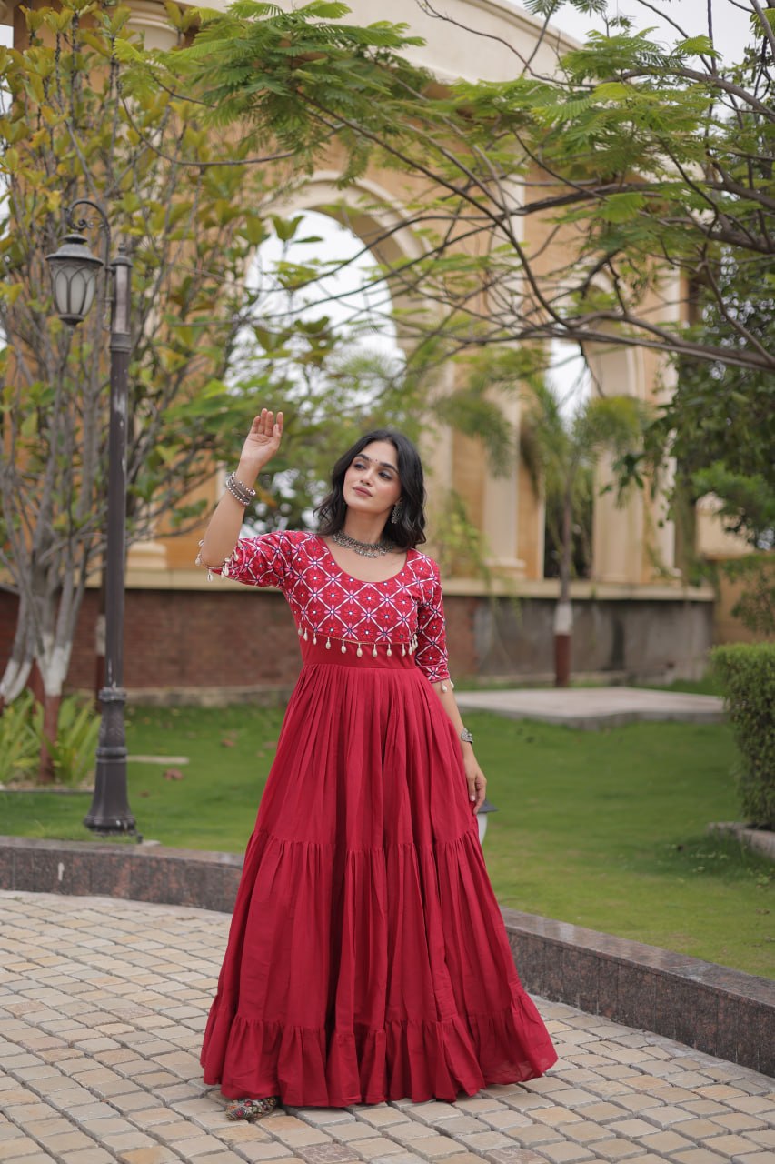 Maroon Cotton Gown with Mirror Work