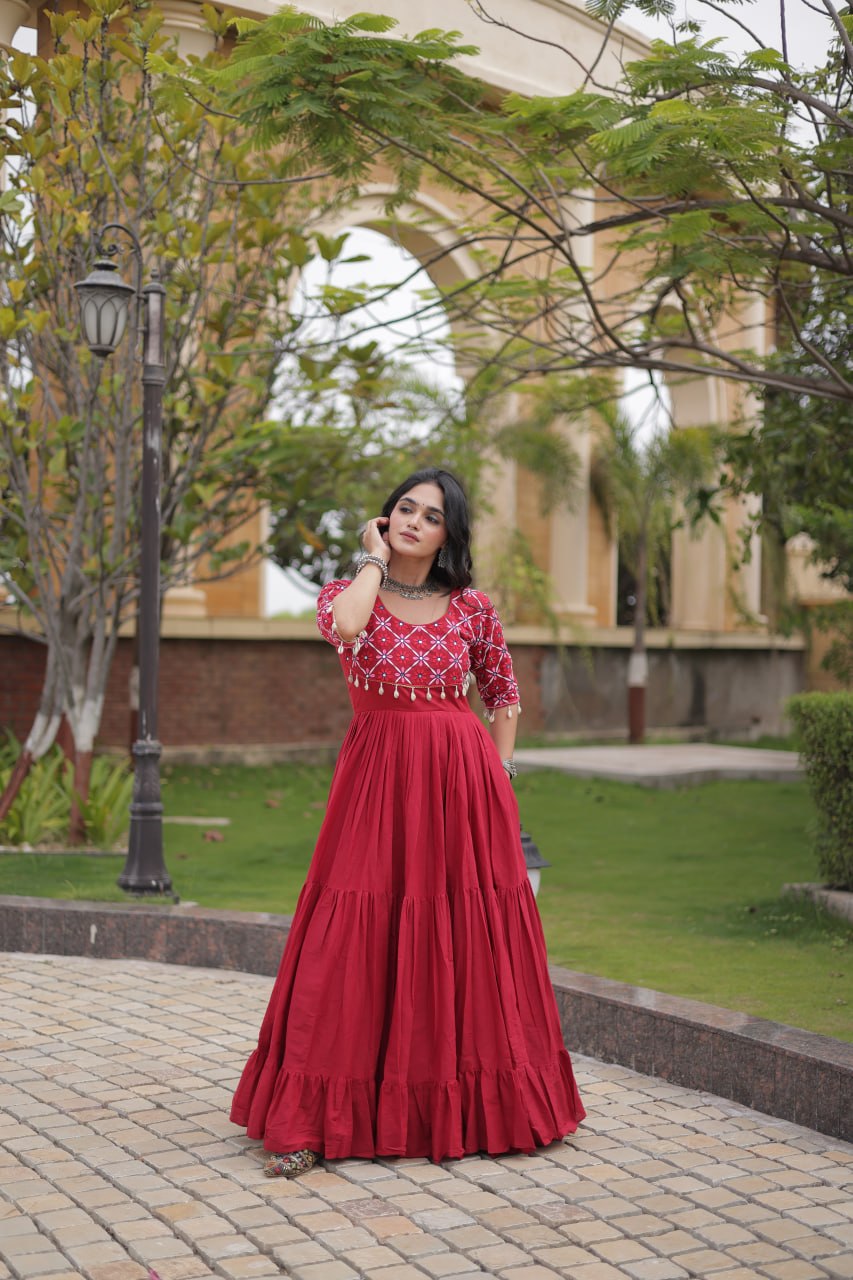 Maroon Cotton Gown with Mirror Work