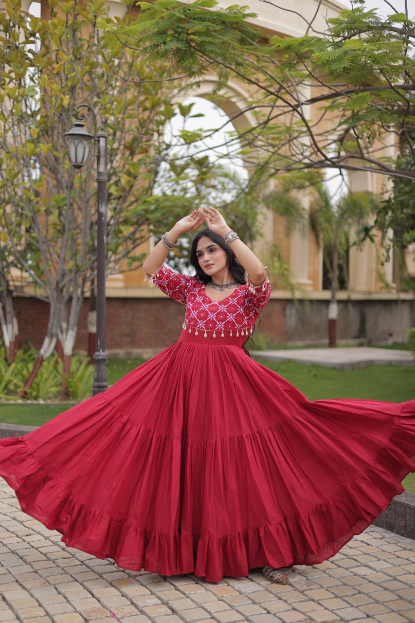 Maroon Cotton Gown with Mirror Work