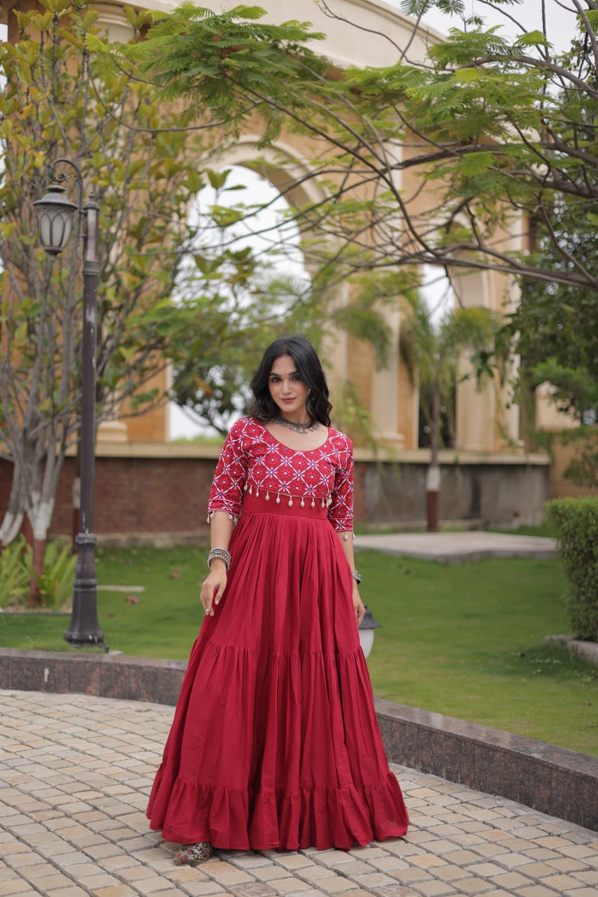 Maroon Cotton Gown with Mirror Work