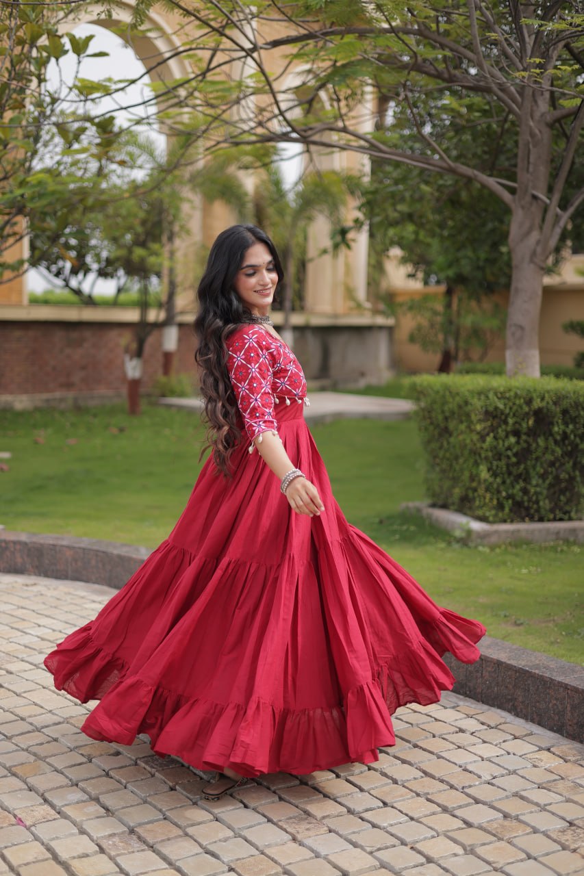 Maroon Cotton Gown with Mirror Work