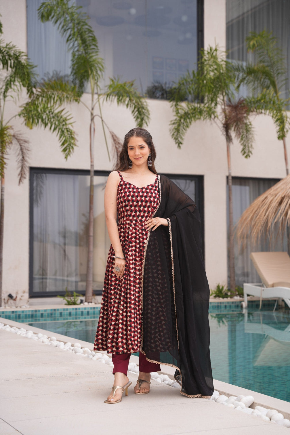 Maroon Cotton Printed Anarkali Suit