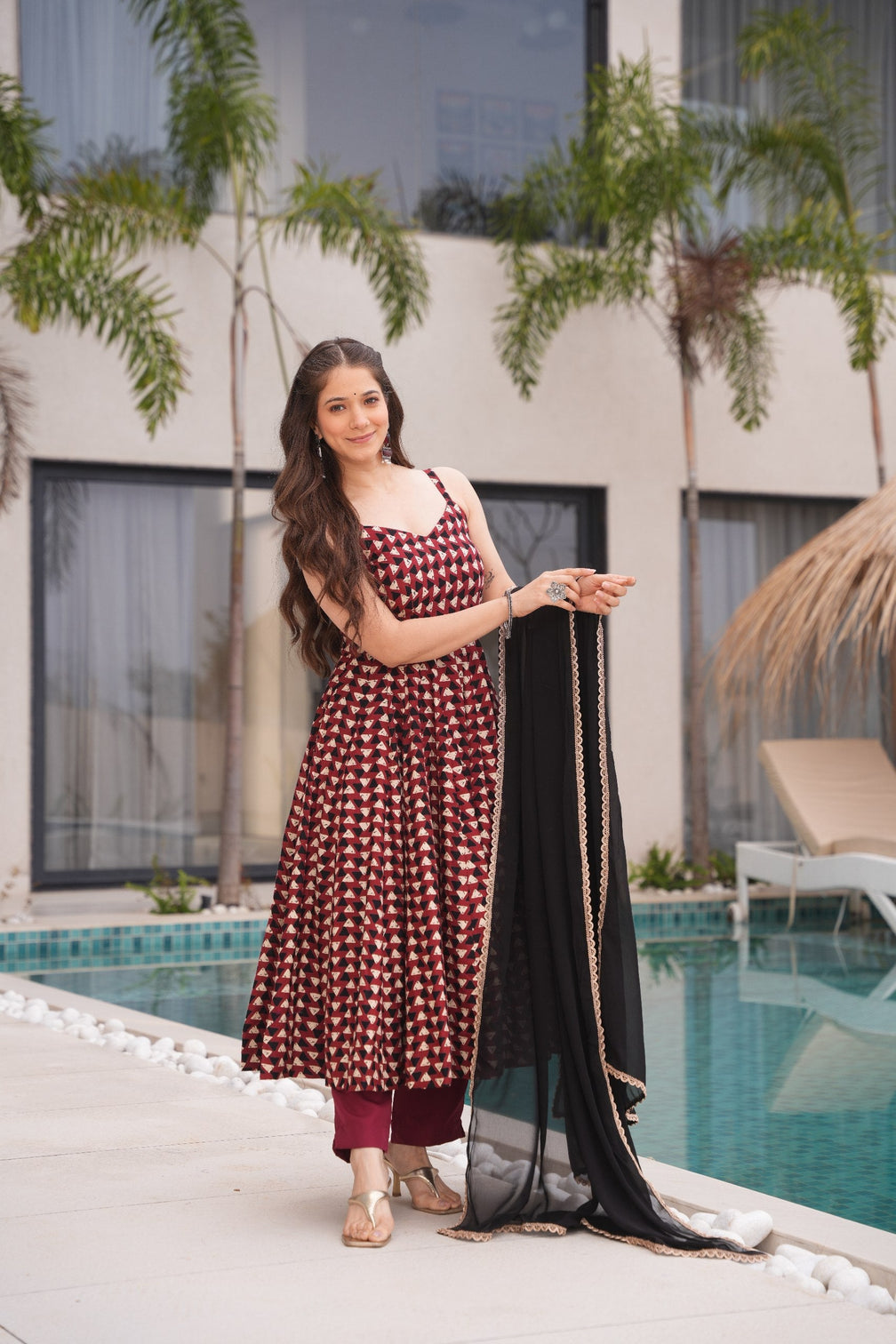 Maroon Cotton Printed Anarkali Suit