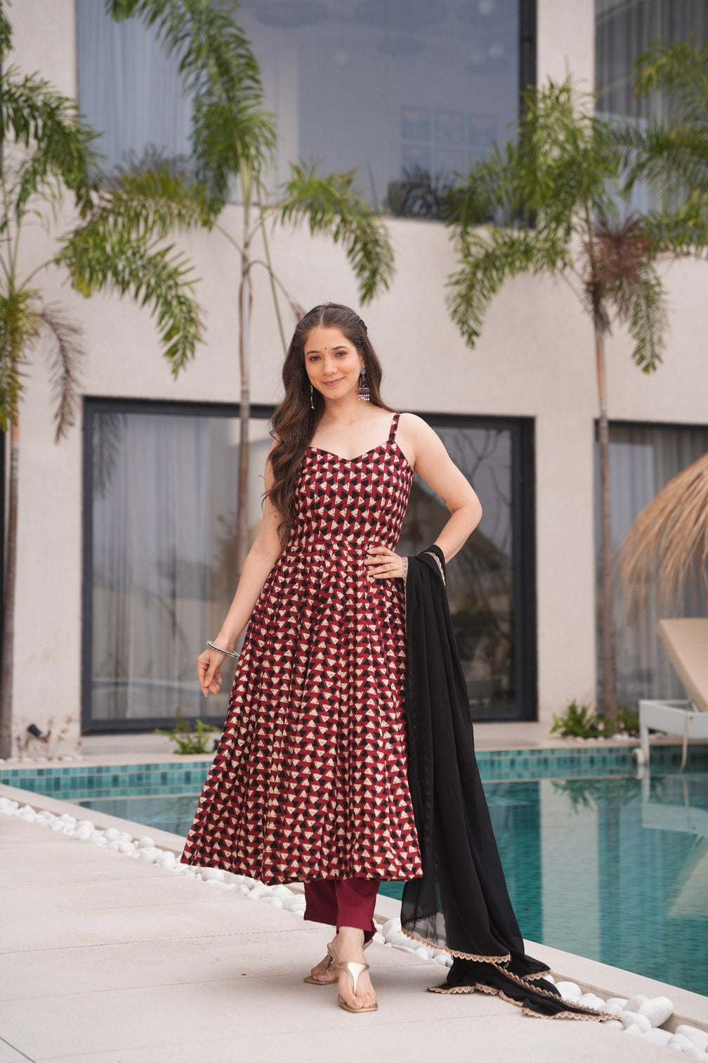 Maroon Cotton Printed Anarkali Suit