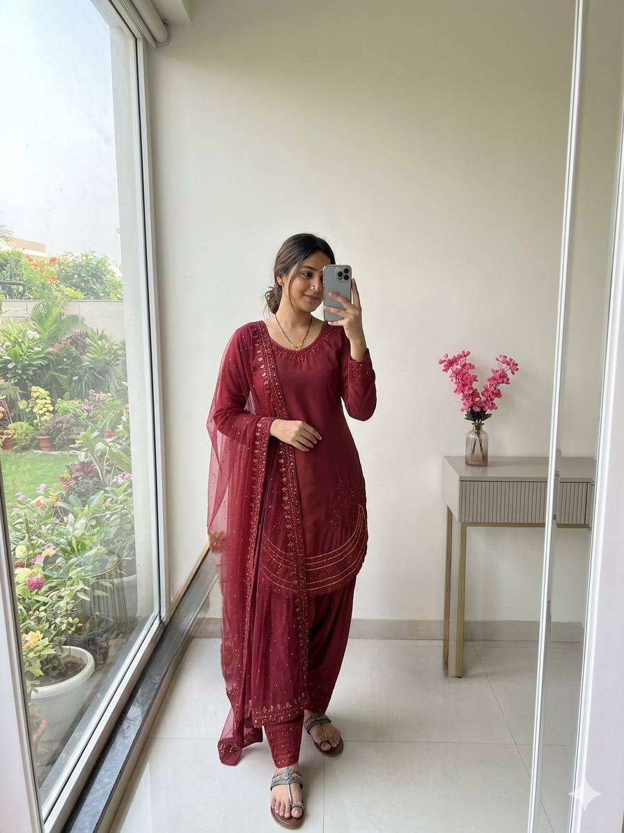Maroon Crepe Farshi Palazzo Suit
