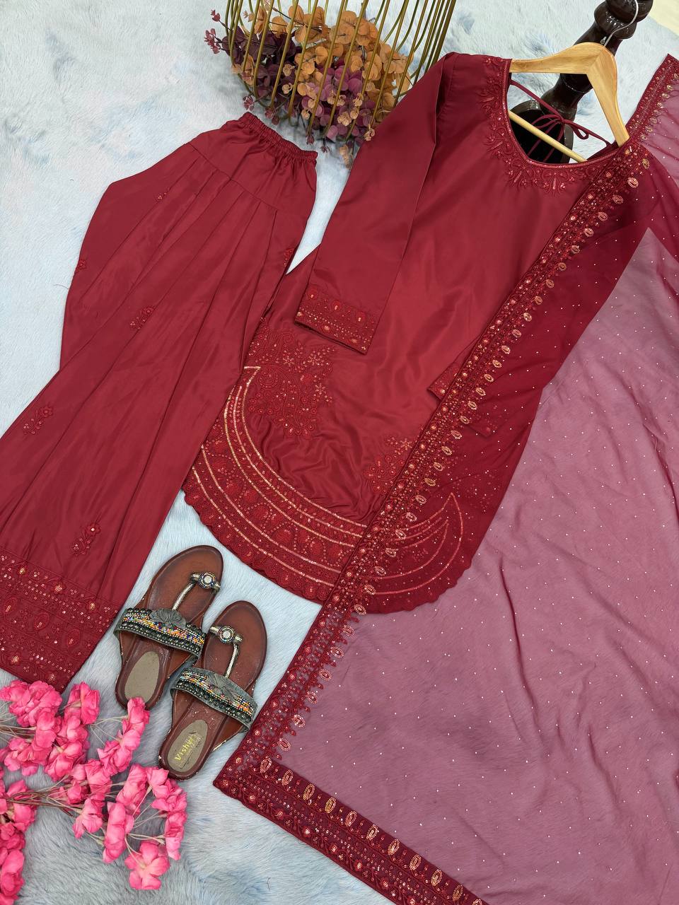 Maroon Crepe Farshi Palazzo Suit