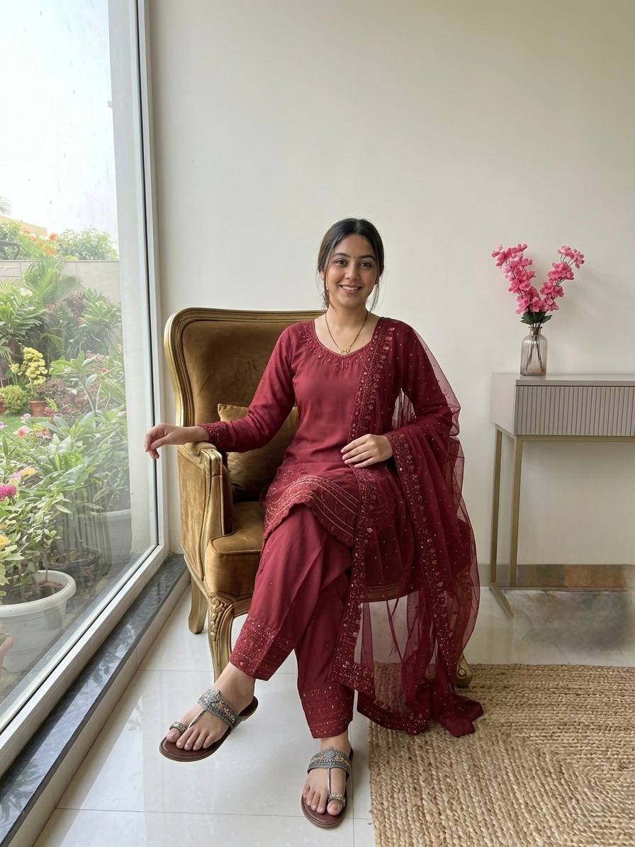 Maroon Crepe Farshi Palazzo Suit