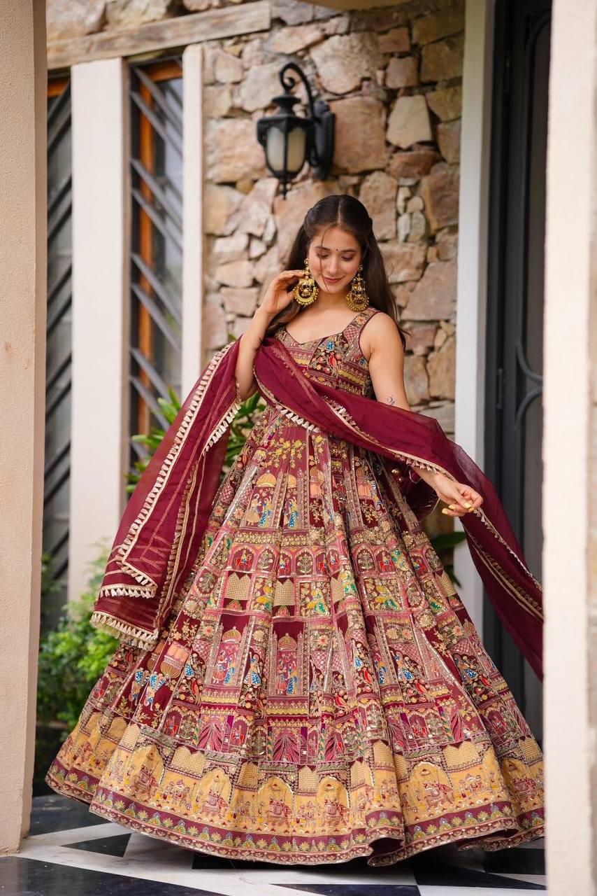 Maroon Designer Digital Printed Jimmy Organza Anarkali Gown Set with Lace Dupatta