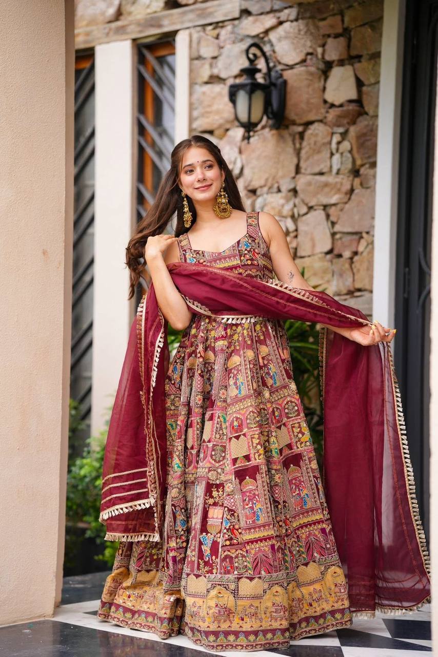 Maroon Designer Digital Printed Jimmy Organza Anarkali Gown Set with Lace Dupatta