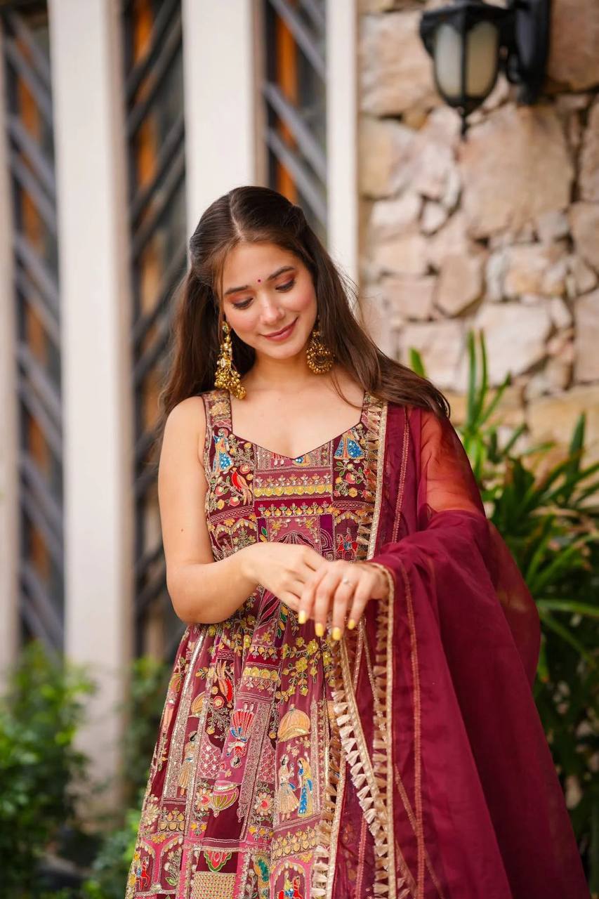 Maroon Designer Digital Printed Jimmy Organza Anarkali Gown Set with Lace Dupatta