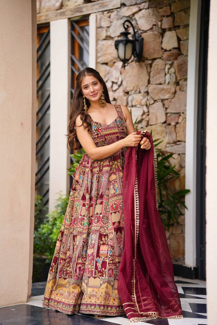 Maroon Designer Digital Printed Jimmy Organza Anarkali Gown Set with Lace Dupatta