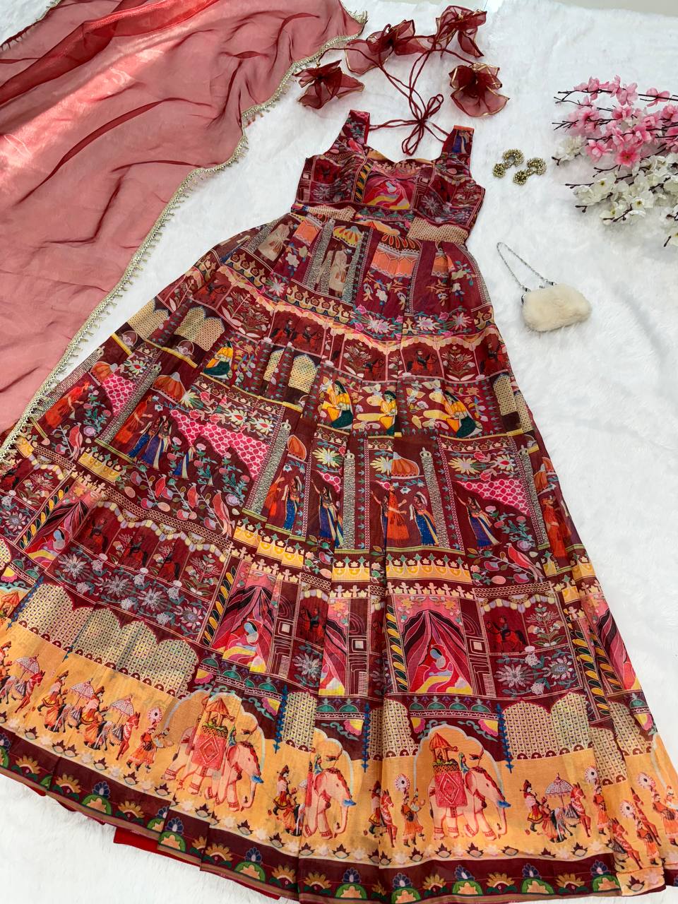 Maroon Designer Digital Printed Jimmy Organza Anarkali Gown Set with Lace Dupatta