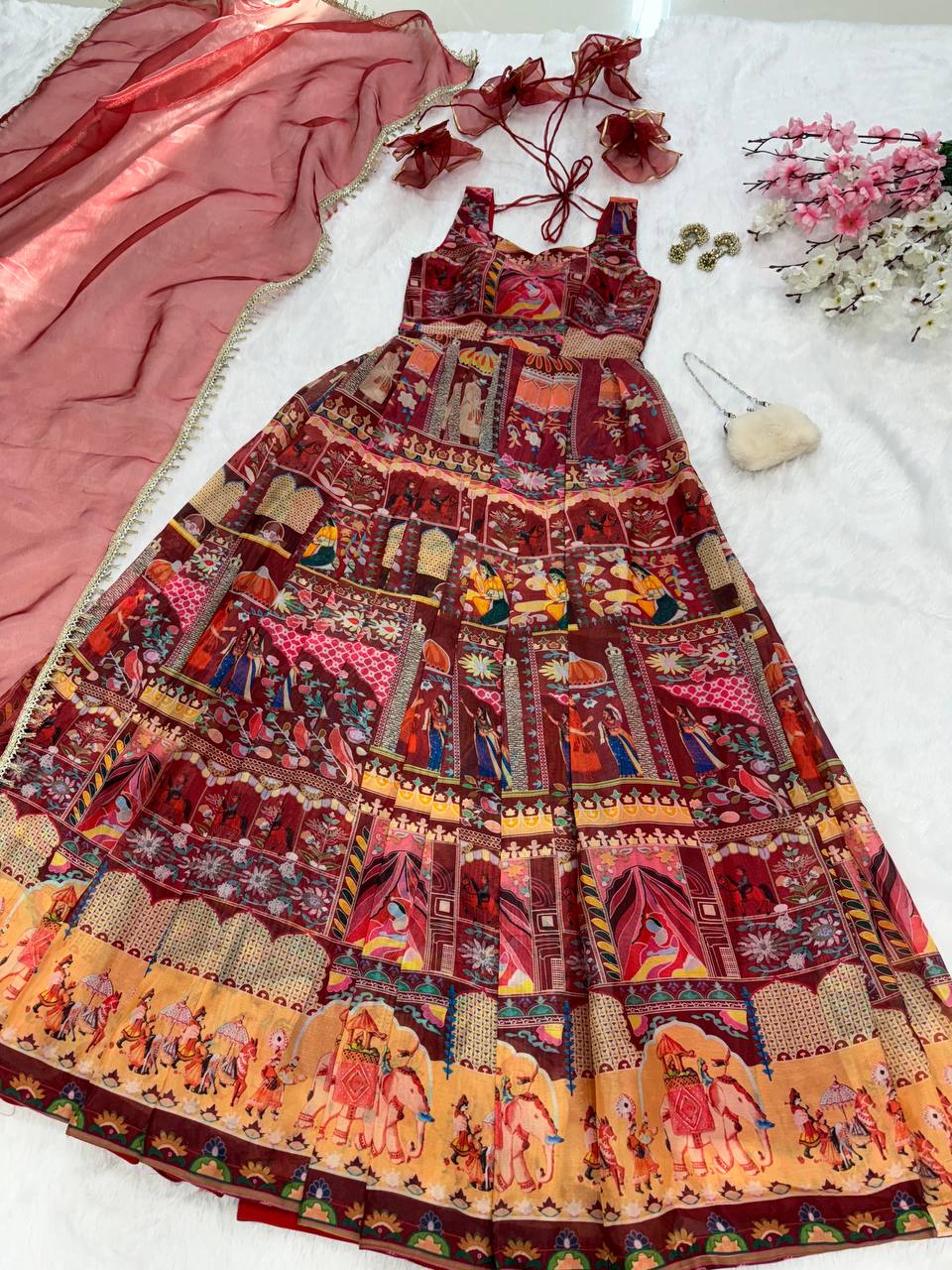 Maroon Designer Digital Printed Jimmy Organza Anarkali Gown Set with Lace Dupatta