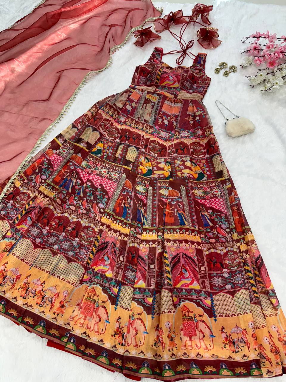 Maroon Designer Digital Printed Jimmy Organza Anarkali Gown Set with Lace Dupatta