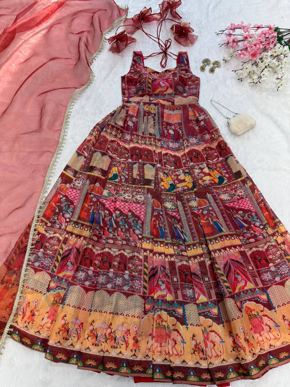 Maroon Designer Digital Printed Jimmy Organza Anarkali Gown Set with Lace Dupatta
