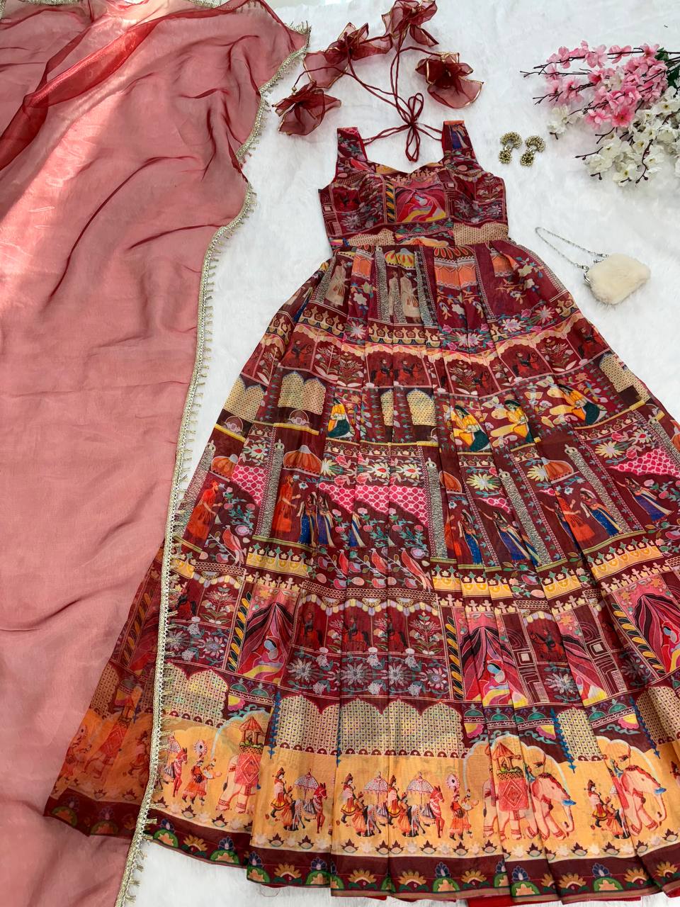 Maroon Designer Digital Printed Jimmy Organza Anarkali Gown Set with Lace Dupatta