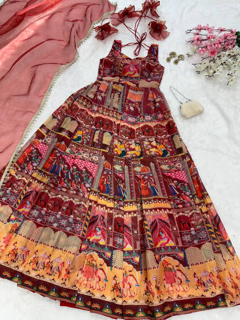 Maroon Designer Digital Printed Jimmy Organza Anarkali Gown Set with Lace Dupatta