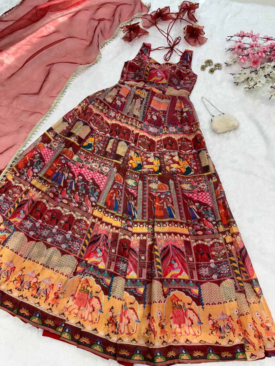 Maroon Designer Digital Printed Jimmy Organza Anarkali Gown Set with Lace Dupatta