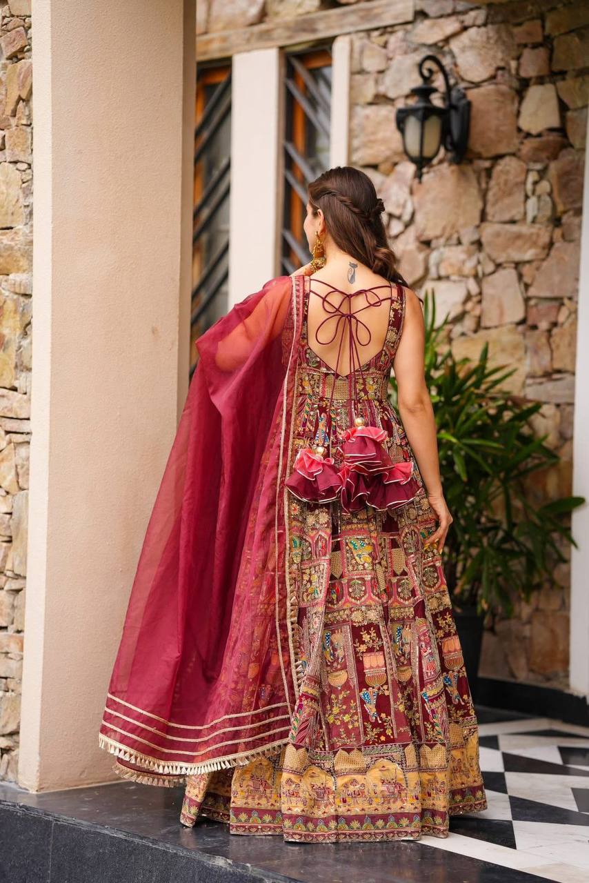 Maroon Designer Digital Printed Jimmy Organza Anarkali Gown Set with Lace Dupatta