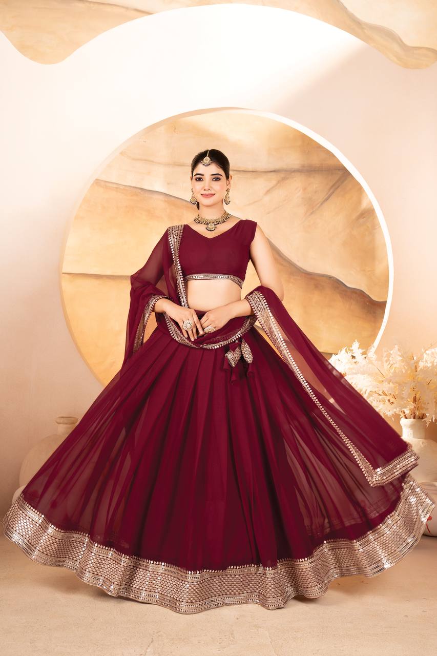 Maroon Designer Dyeable Faux Blooming Lehenga Choli with 7mm Sequins Embroidery & Lace-Border Dupatta