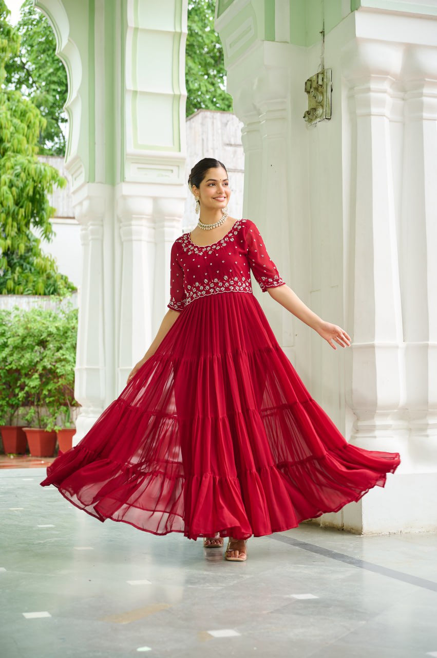 Maroon Designer Faux Blooming Embroidered Gown with Bead Work