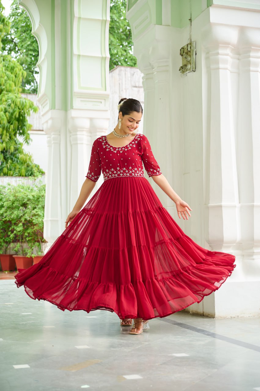 Maroon Designer Faux Blooming Embroidered Gown with Bead Work