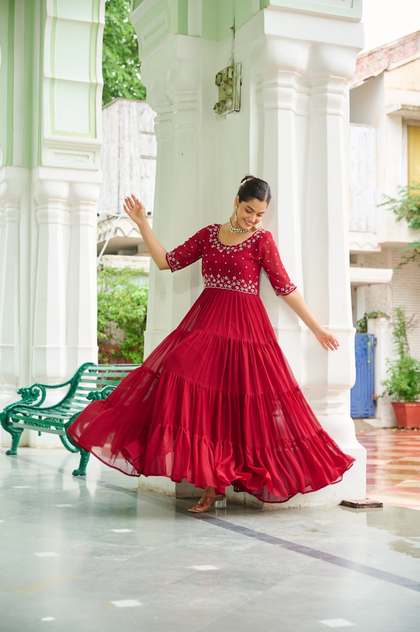 Maroon Designer Faux Blooming Embroidered Gown with Bead Work