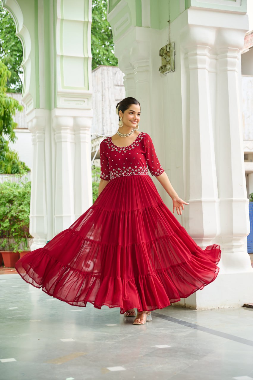 Maroon Designer Faux Blooming Embroidered Gown with Bead Work