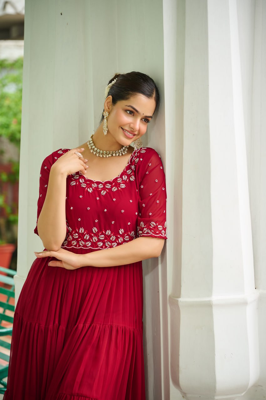 Maroon Designer Faux Blooming Embroidered Gown with Bead Work