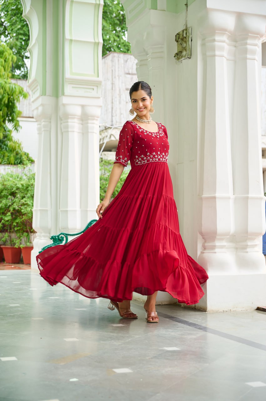 Maroon Designer Faux Blooming Embroidered Gown with Bead Work