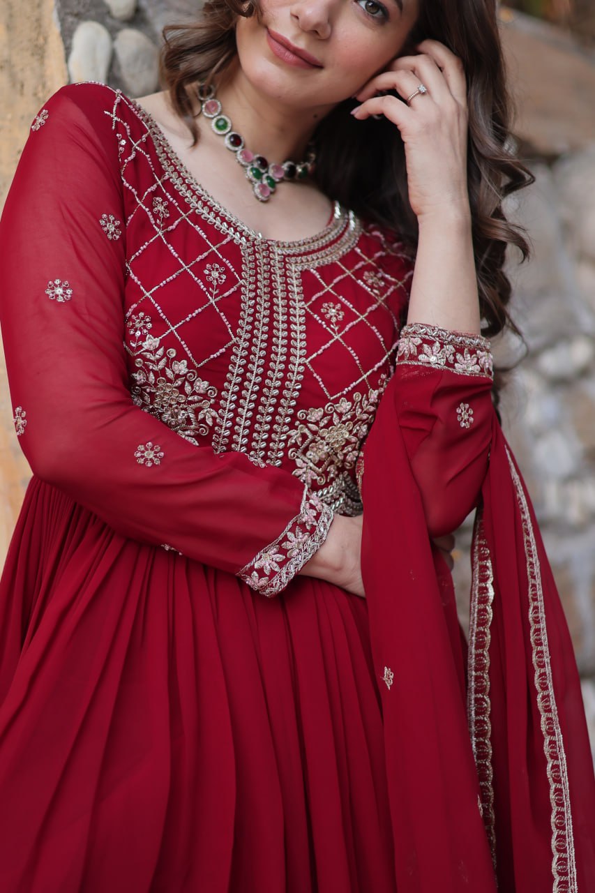 Maroon Designer Faux Blooming Gown with Sequins & Beads Embroidery