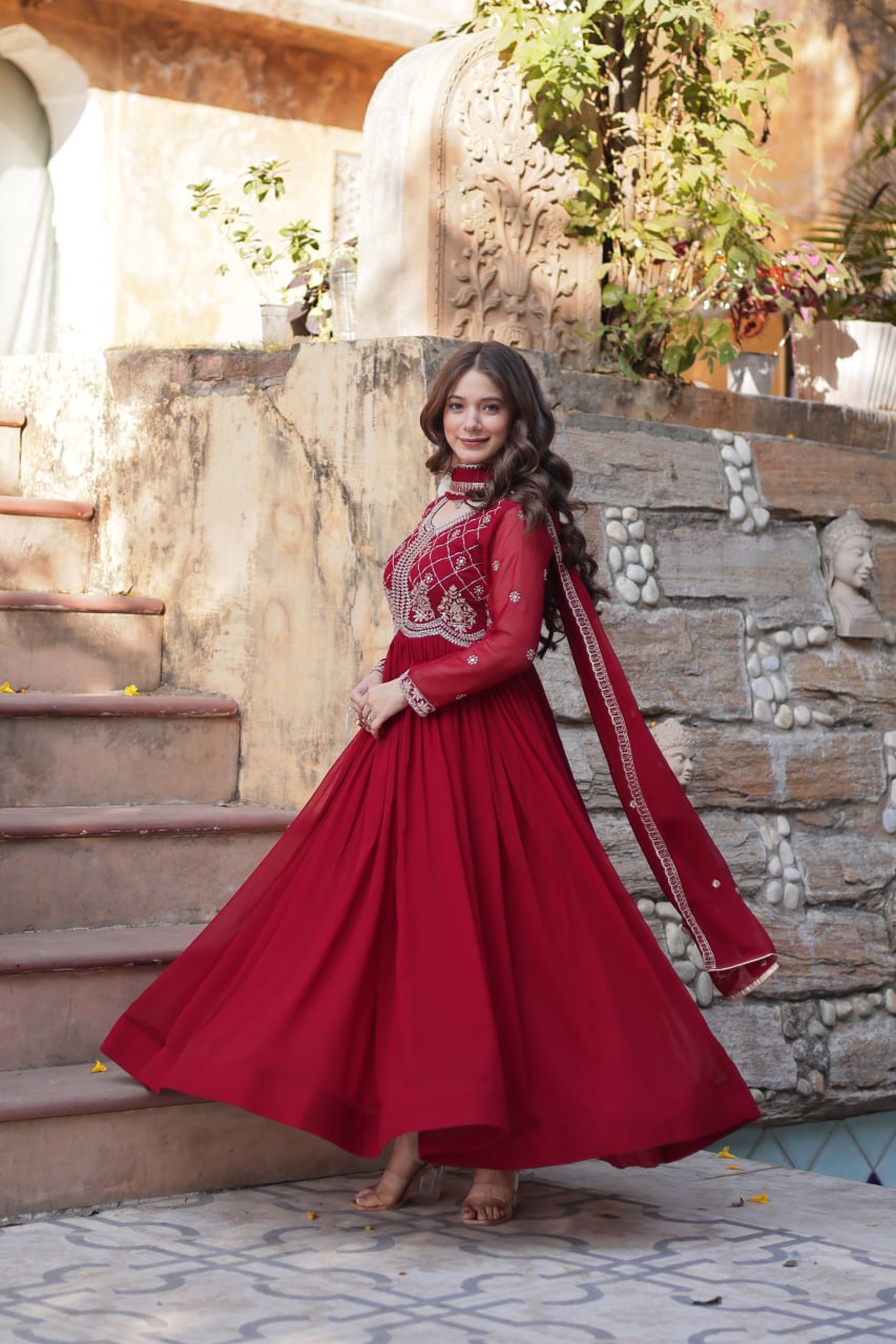 Maroon Designer Faux Blooming Gown with Sequins & Beads Embroidery
