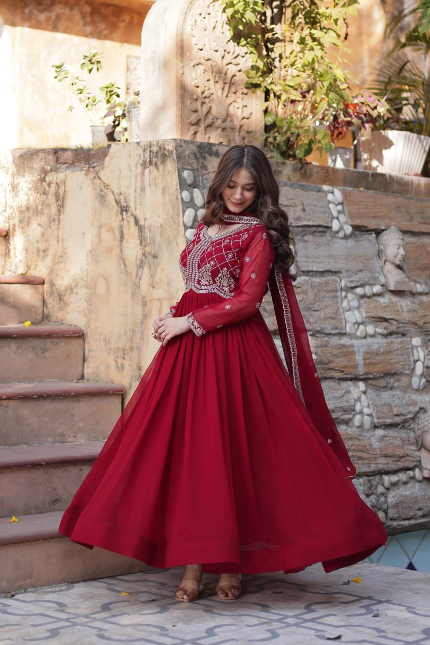 Maroon Designer Faux Blooming Gown with Sequins & Beads Embroidery