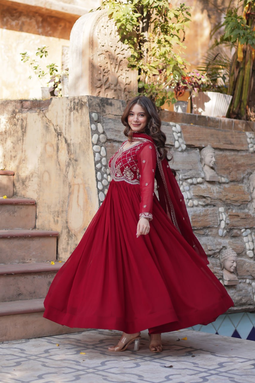 Maroon Designer Faux Blooming Gown with Sequins & Beads Embroidery
